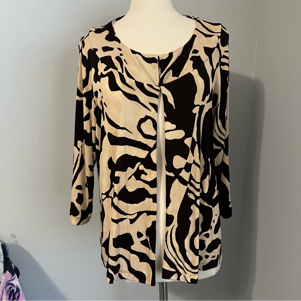 Chico's Travelers Size 3 (XL/16) Brown Tan Round Neck Open Cardigan Jacket